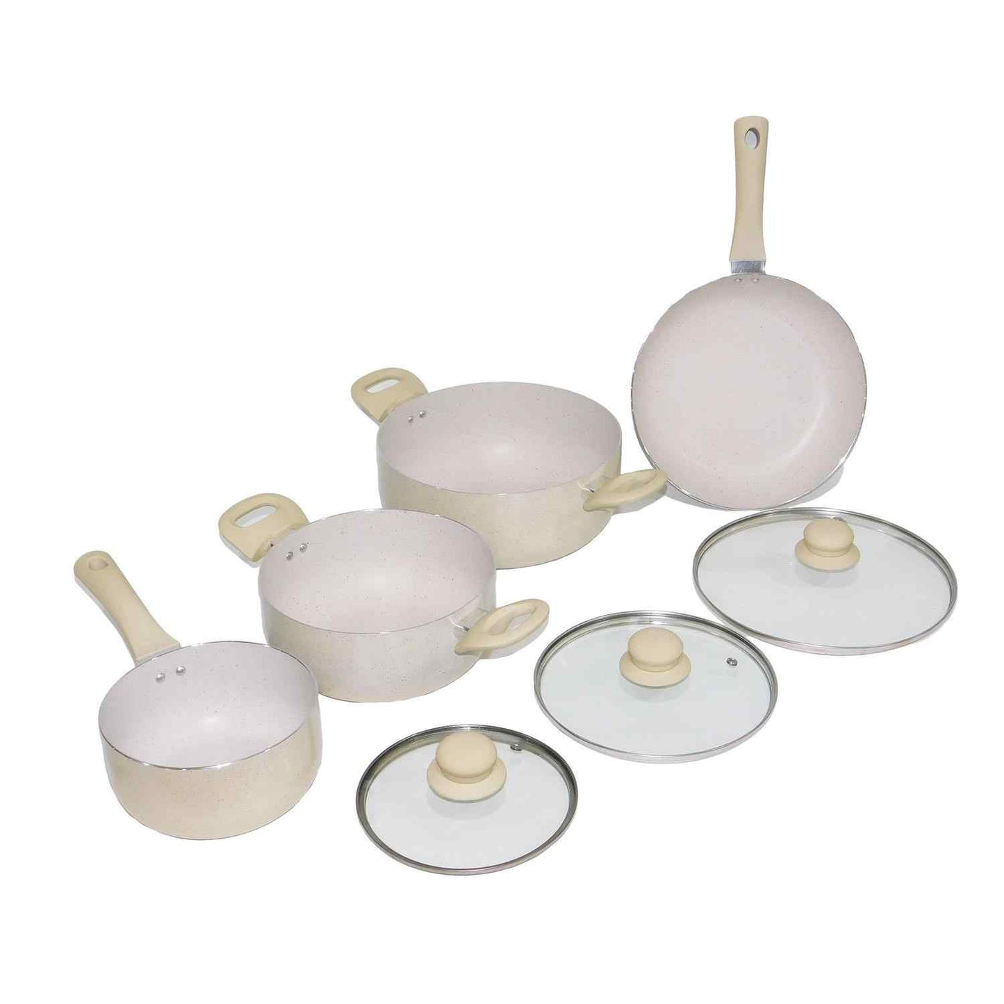 Batería de cocina antiadherente color beige con recubriento de granito