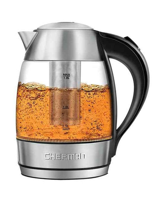 Hervidor eléctrico de Cristal Chefman 1.8L Acero Inoxidable con infusor para té.